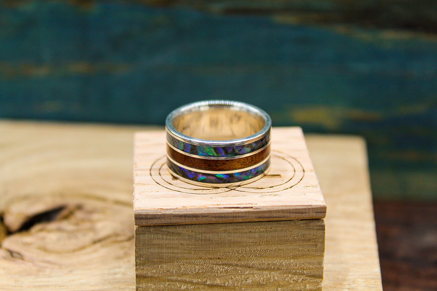 Abalone Ring - Sterling Silver Ring with Abalone and Mahogany - Men's Wedding Band
