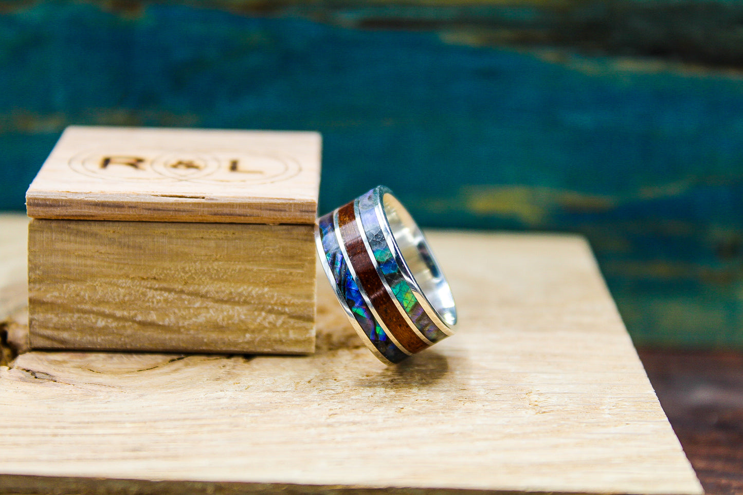 Abalone Ring - Sterling Silver Ring with Abalone and Mahogany - Men's Wedding Band