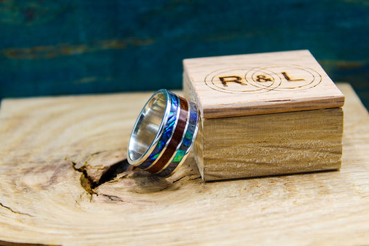 Abalone Ring - Sterling Silver Ring with Abalone and Mahogany - Men's Wedding Band