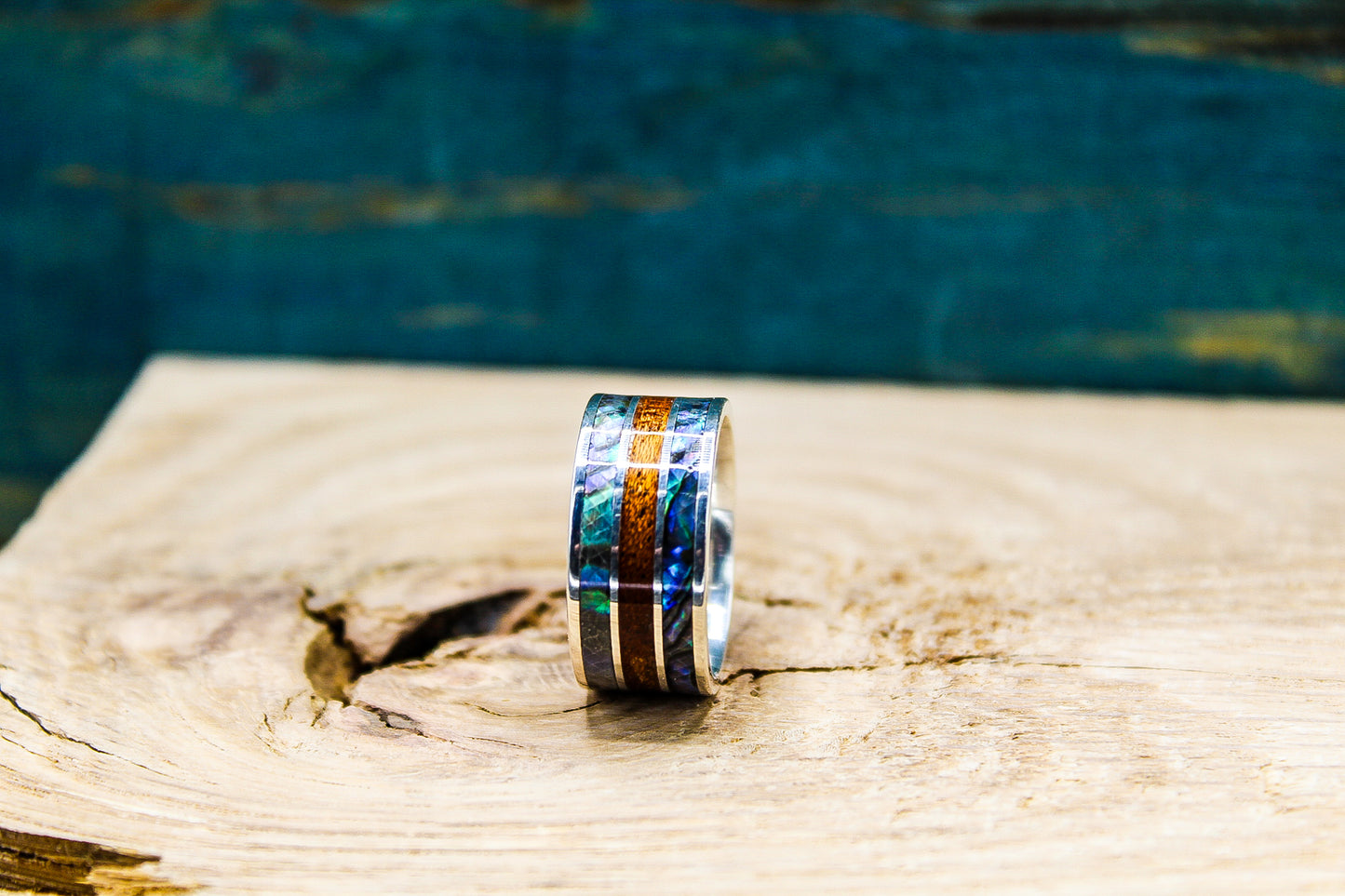 Abalone Ring - Sterling Silver Ring with Abalone and Mahogany - Men's Wedding Band