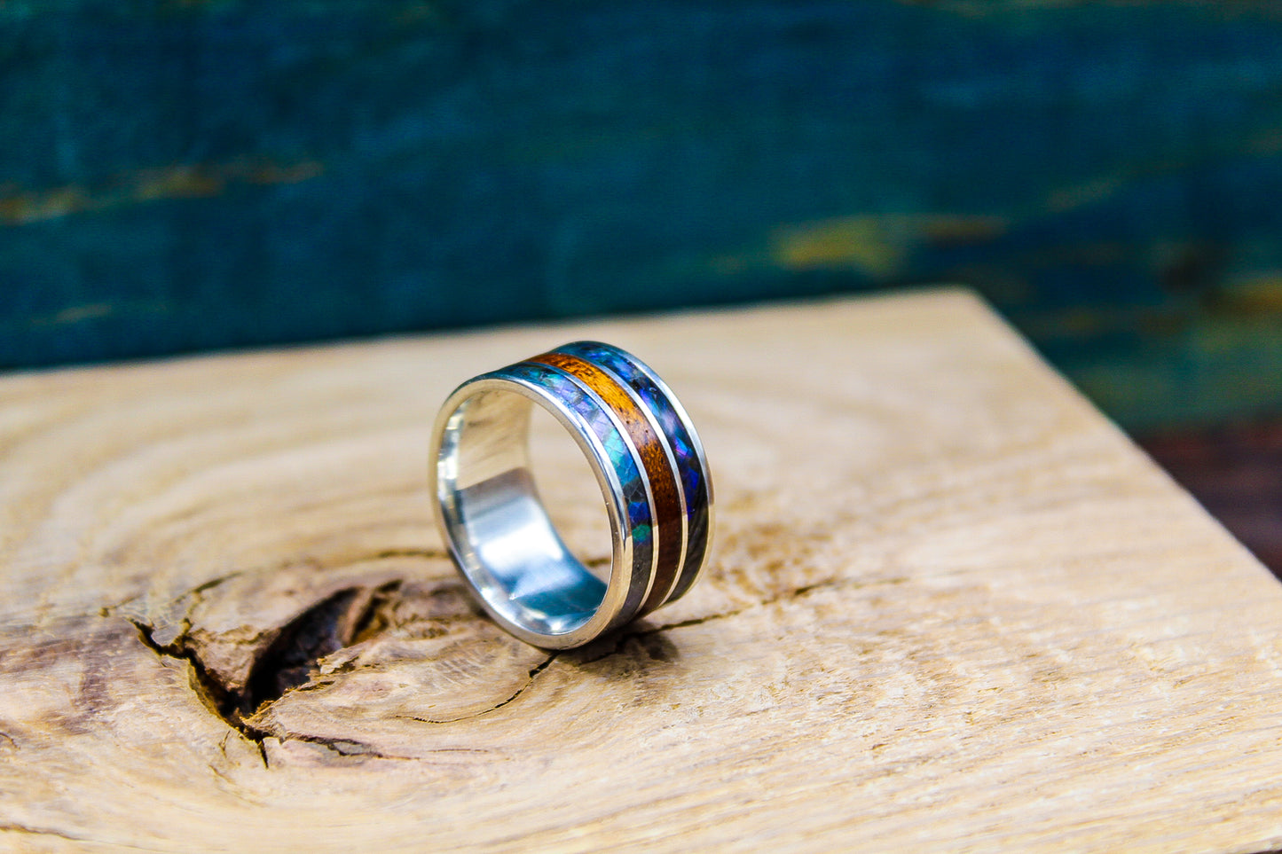 Abalone Ring - Sterling Silver Ring with Abalone and Mahogany - Men's Wedding Band