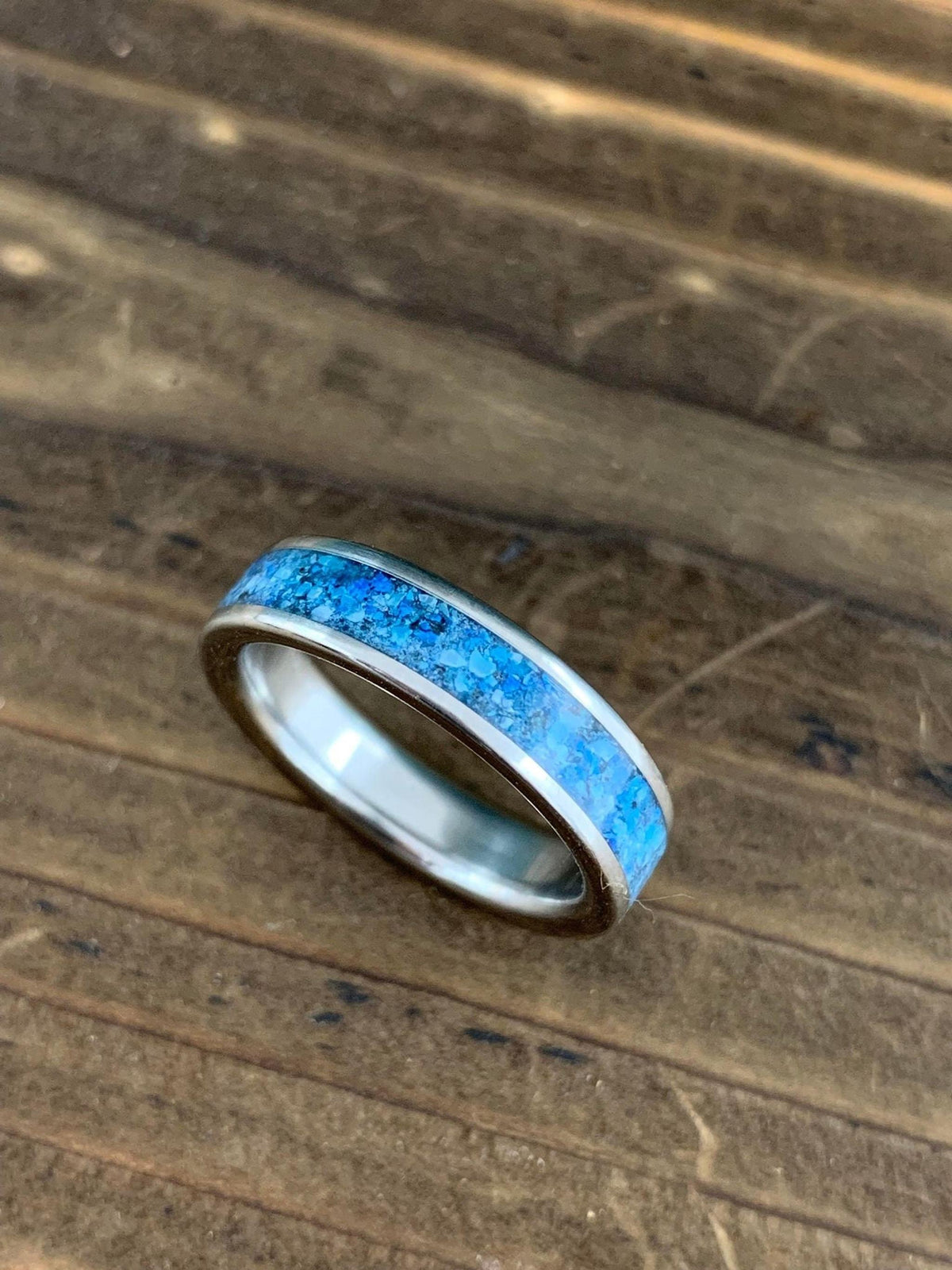 Titanium Ring - Blue Glow Stone with Kingman Turquoise - Wedding Band, Engraved