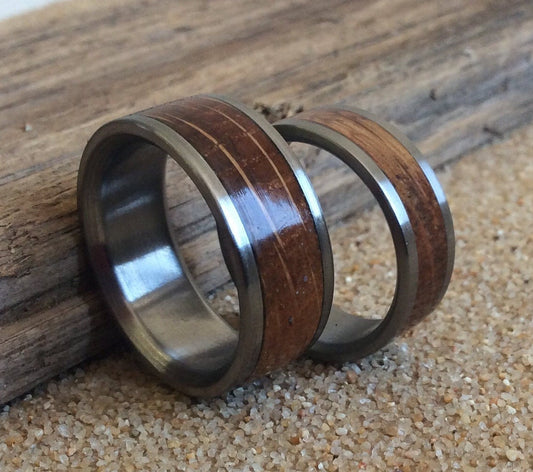 Charred Oak Whiskey Barrel Wedding Bands Set - Matching Couples Wedding Rings Set - Titanium and Wood Wedding Bands