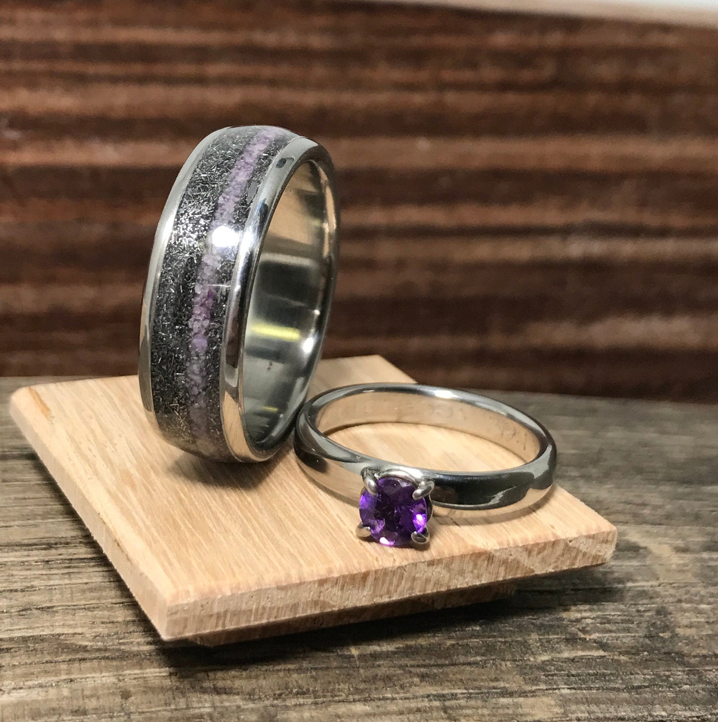Wedding Band Set, Wedding Bands His and Hers, Meteorite Wedding Band Set, Mens ring, Womens Ring, Meteorite Ring, Amethyst Engagement Ring