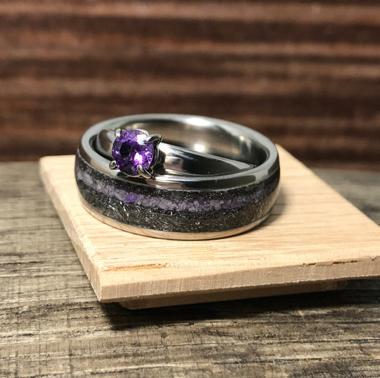 Amethyst Engagement Ring with Meteorite and Purple Sugilite Wedding Band
