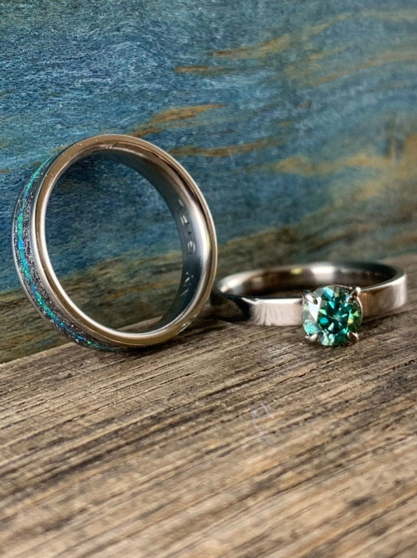 Blue Moissanite Ring Set - Womens Wedding Band Set - Opal Engagement Ring Set