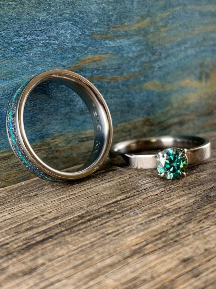 Blue Green Moissanite Engagement Ring Set