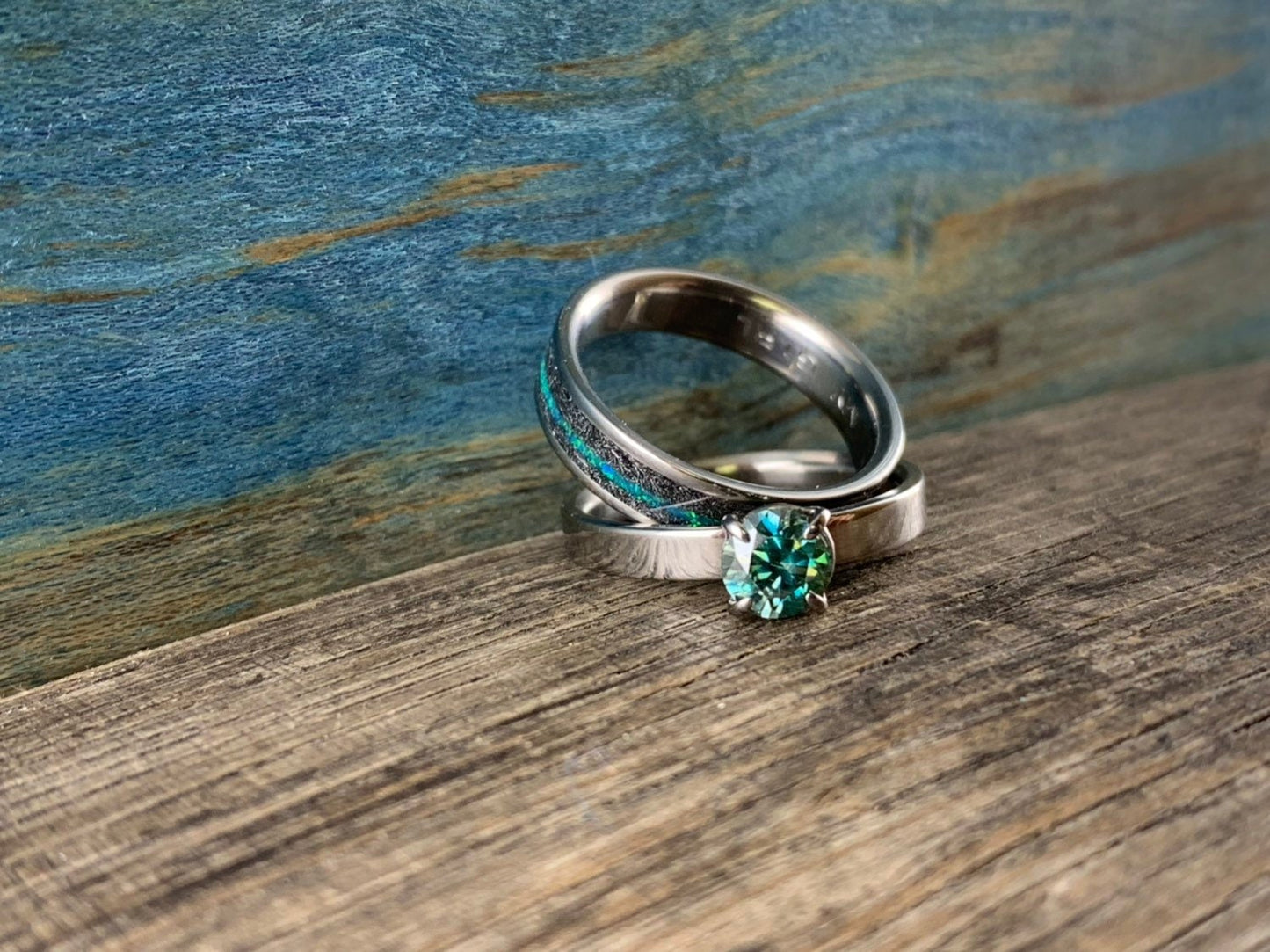 Blue Moissanite Ring Set - Womens Wedding Band Set - Opal Engagement Ring Set