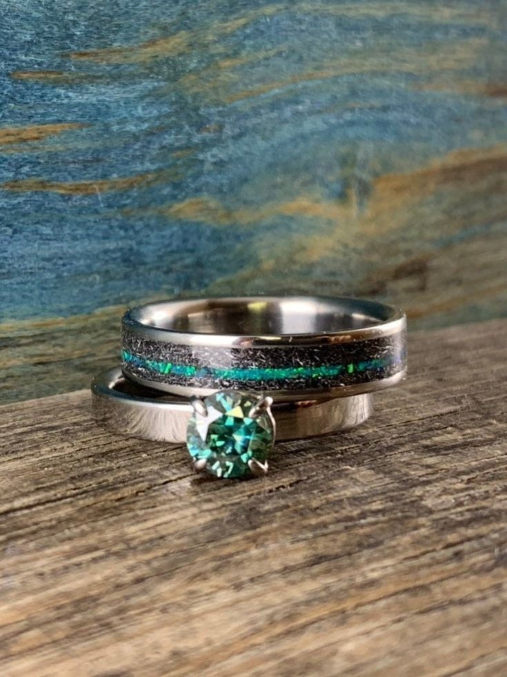 Blue Green Moissanite Engagement Ring Set