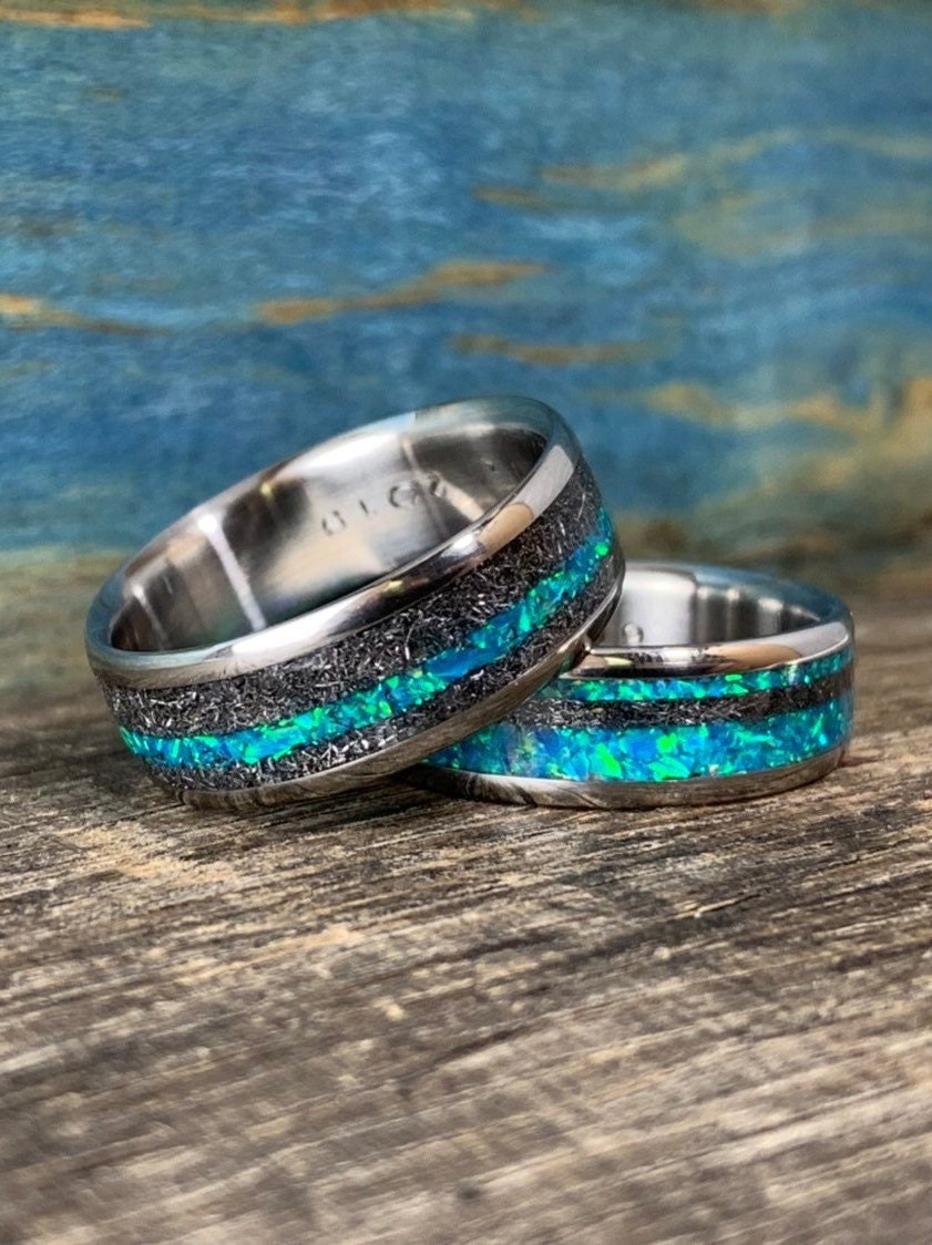 Opal Wedding Rings Set His and Hers - Male Engagement Rings - Titanium Meteorite Rings Set