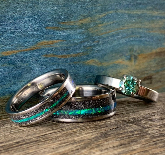 Titanium Rings Set with Opal, Meteorite and Blue Green Moissanite Engagement Ring