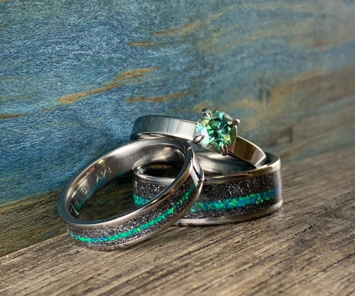 Titanium Rings Set with Opal, Meteorite and Blue Green Moissanite Engagement Ring