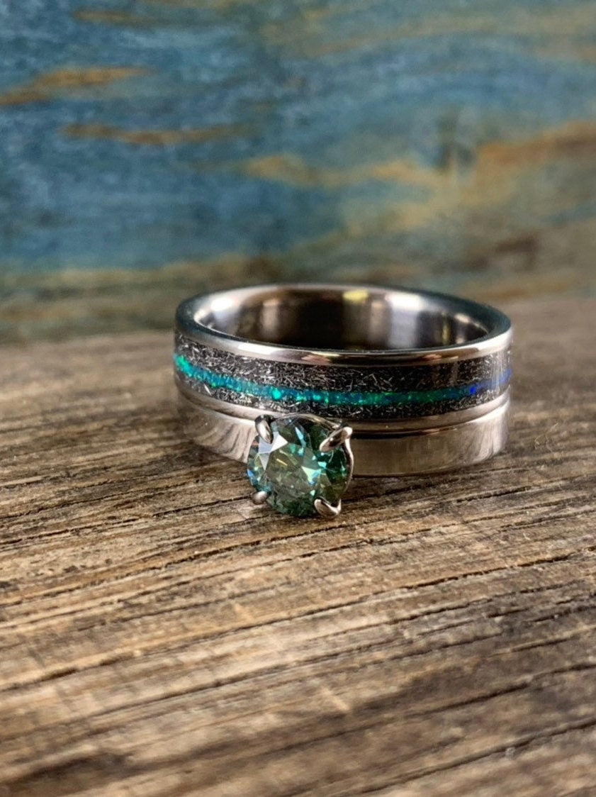 Blue Green Moissanite Engagement Ring Set