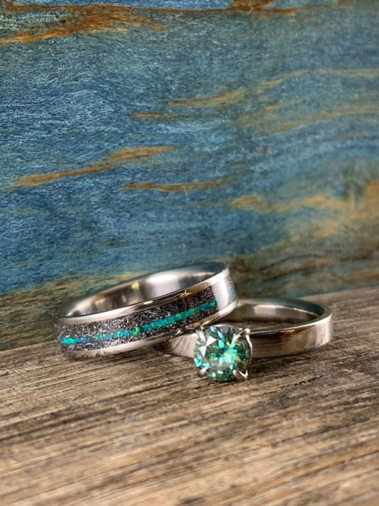 Blue Green Moissanite Engagement Ring Set
