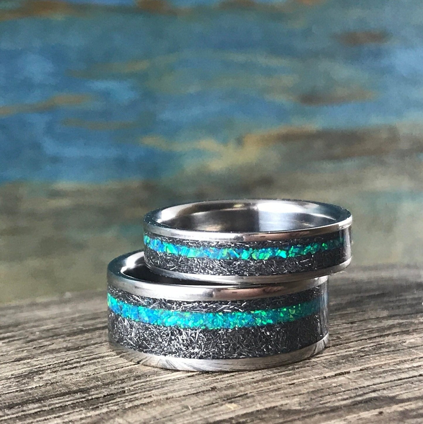 Meteorite Rings Set - His and Hers Wedding Bands Set - Opal Engagement Rings