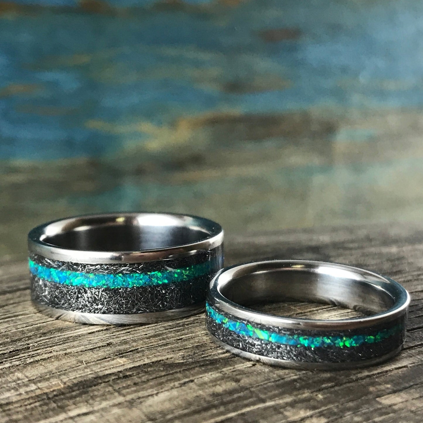 Meteorite Rings Set - His and Hers Wedding Bands Set - Opal Engagement Rings