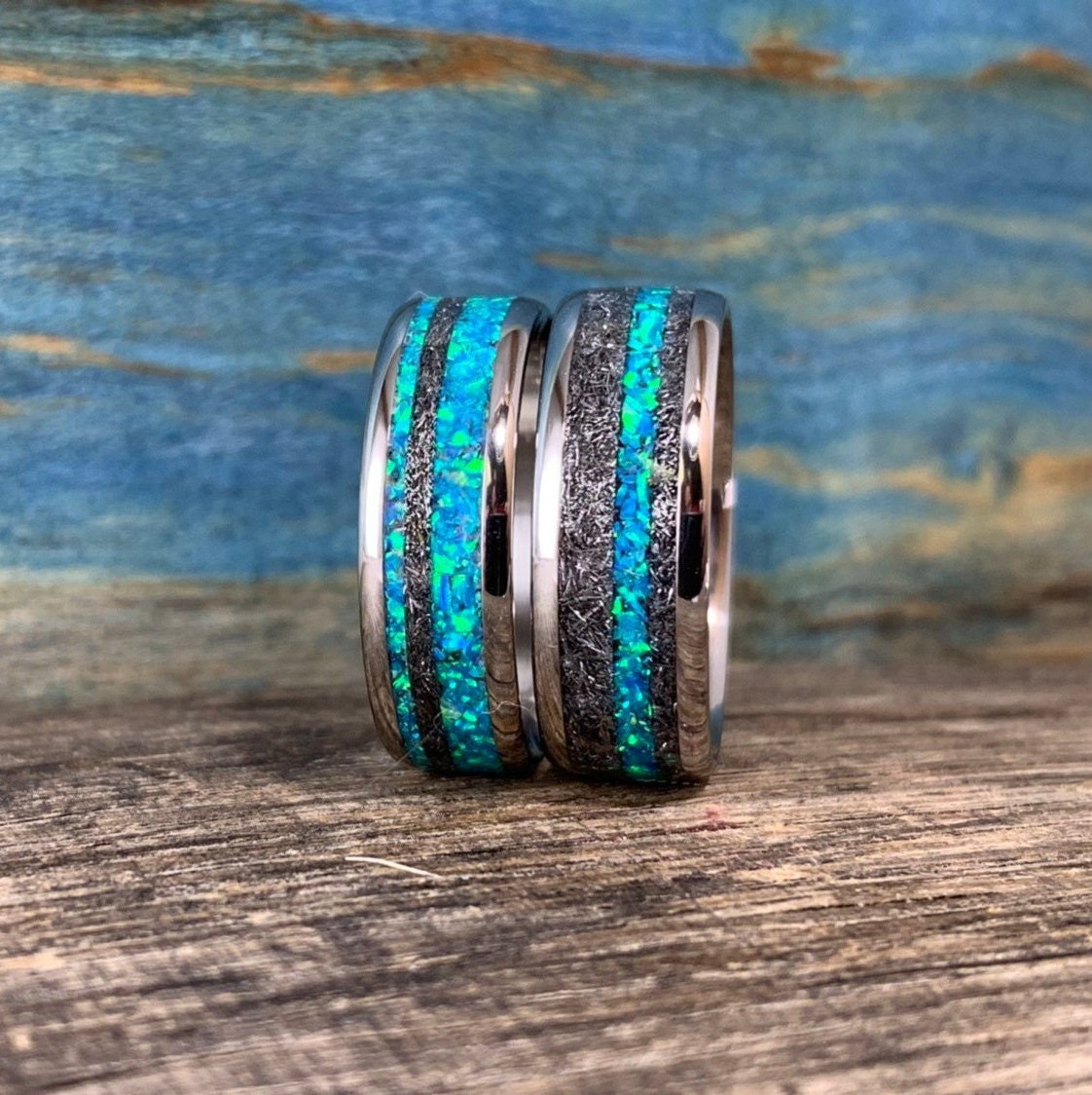 Opal Wedding Rings Set His and Hers - Male Engagement Rings - Titanium Meteorite Rings Set