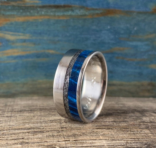 Men's Meteorite Ring - Titanium Ring with Meteorite and Wood - Male Engagement Ring- Alternative Wedding Band