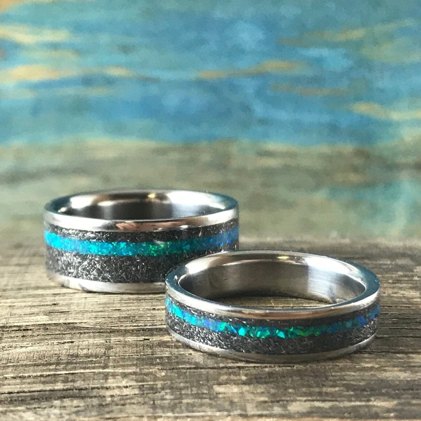 Meteorite Rings Set - His and Hers Wedding Bands Set - Opal Engagement Rings