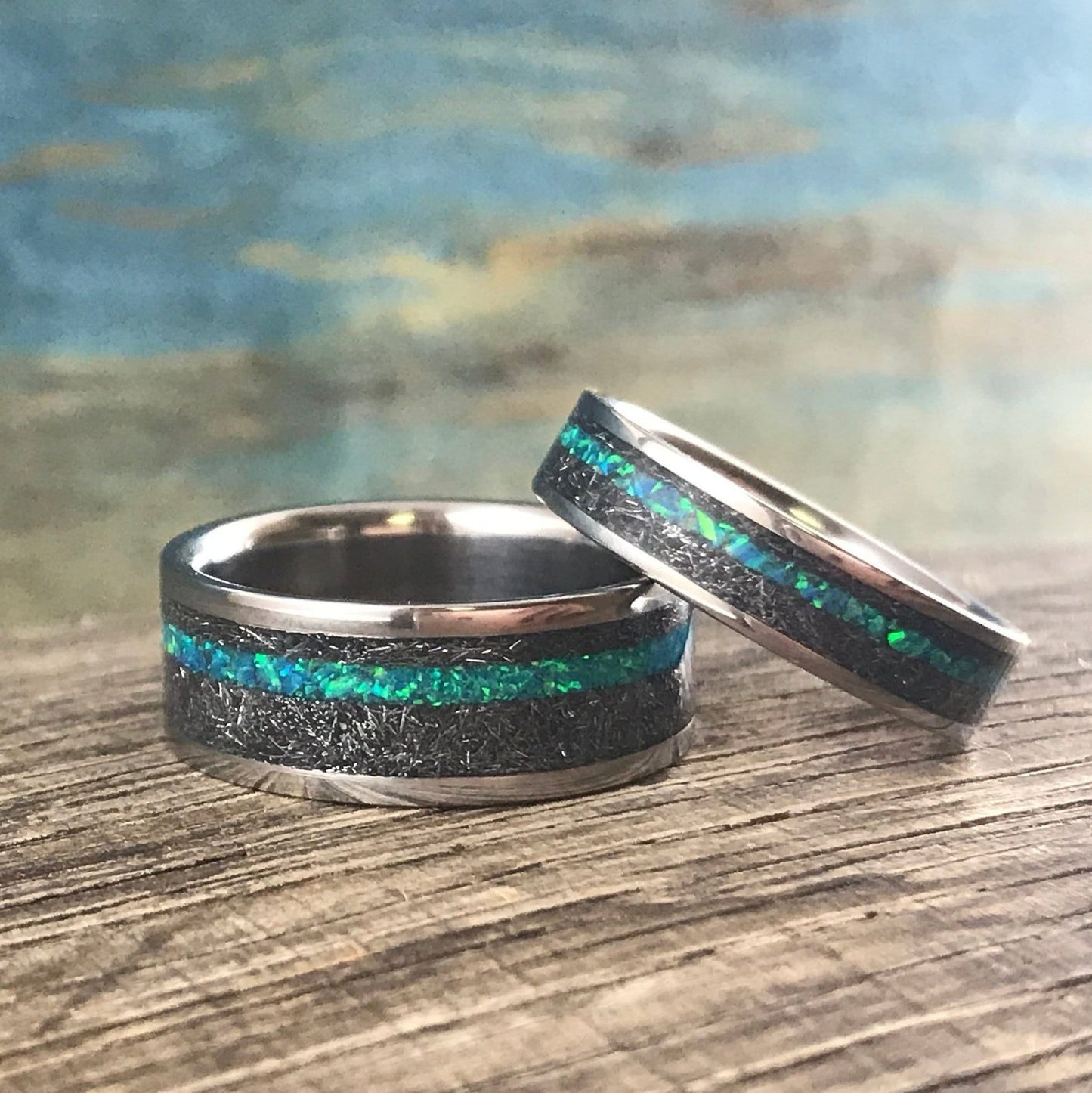 Meteorite Rings Set - His and Hers Wedding Bands Set - Opal Engagement Rings