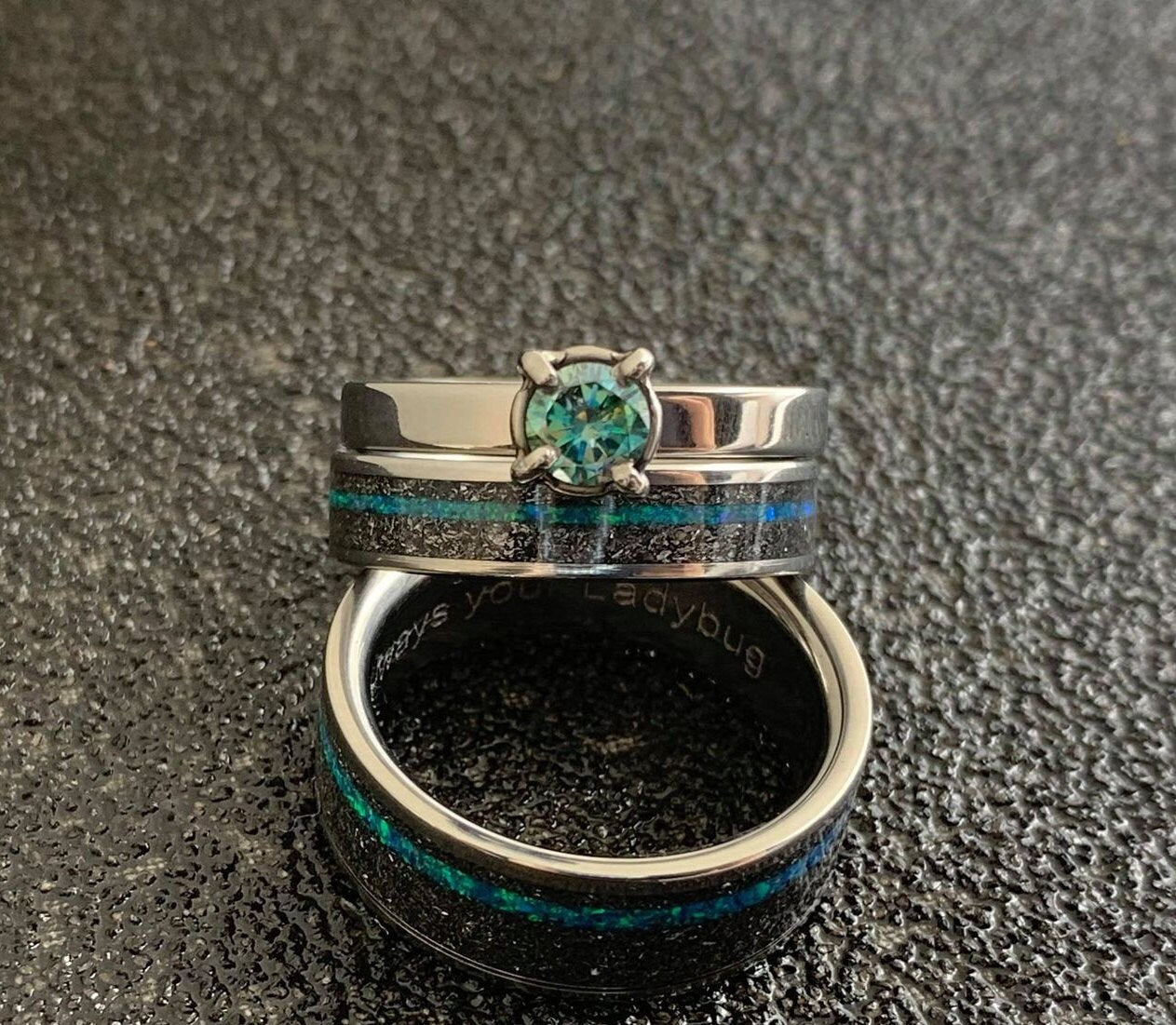 His and Hers Wedding Band Set - Matching Titanium Wedding Bands with Meteorite, Opal and Moissanite - Engagement Ring