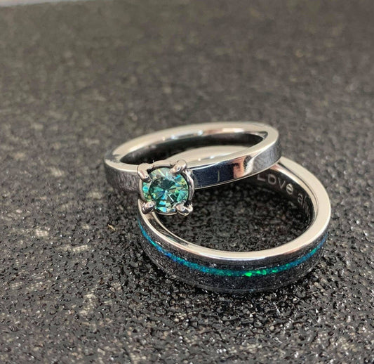 Meteorite Blue Opal Wedding Band Set and a Blue Green Moissanite Engagement Ring