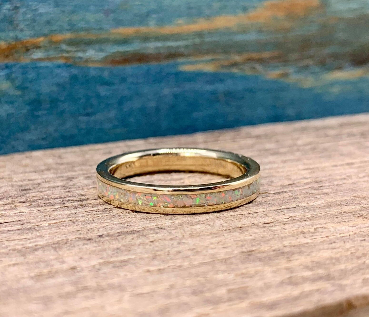 10K Gold and White Opal Engagement Band- Custom Made Ring- 3MM Yellow Gold Opal Inlay Ring - Personalized Gift for her - Robandlean