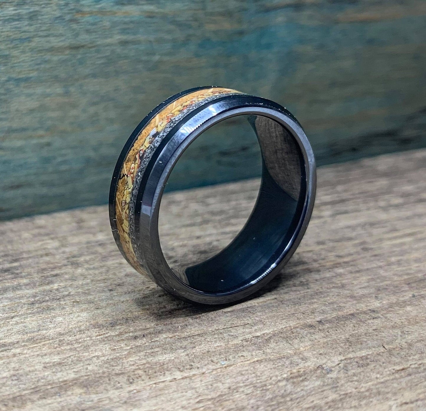 Men's Meteorite Wedding Band - Black Ceramic Ring with Meteorite, Dinosaur Bone and Whiskey Barrel Wood for Men
