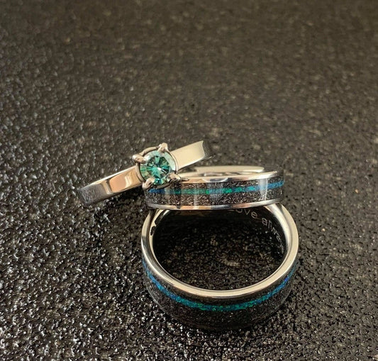 His and Hers Wedding Band Set - Matching Titanium Wedding Bands with Meteorite, Opal and Moissanite - Engagement Ring