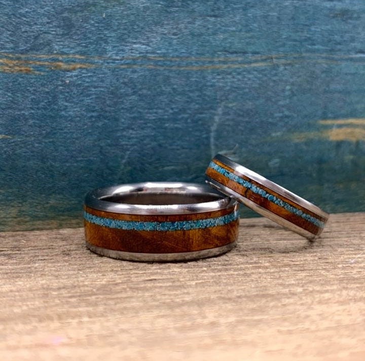Matching Wedding Band Set - Titanium Rings with Desert Ironwood and Turquoise Inlays - His and Hers