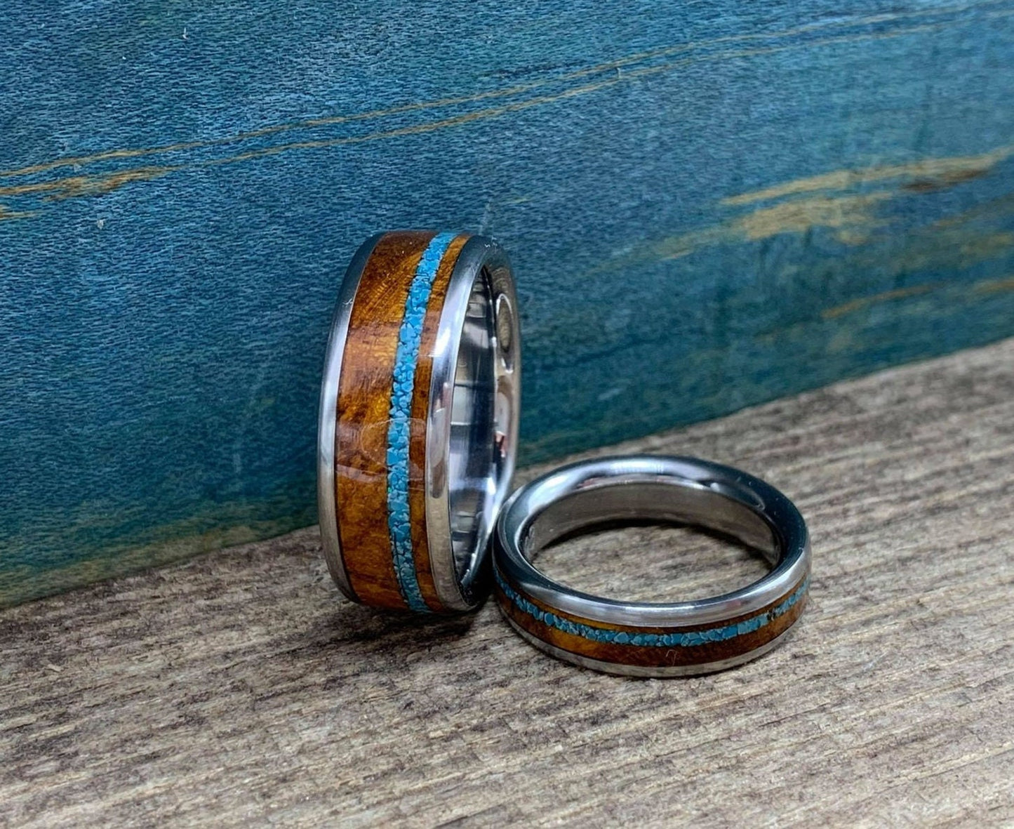 Matching Wedding Band Set - Titanium Rings with Desert Ironwood and Turquoise Inlays - His and Hers