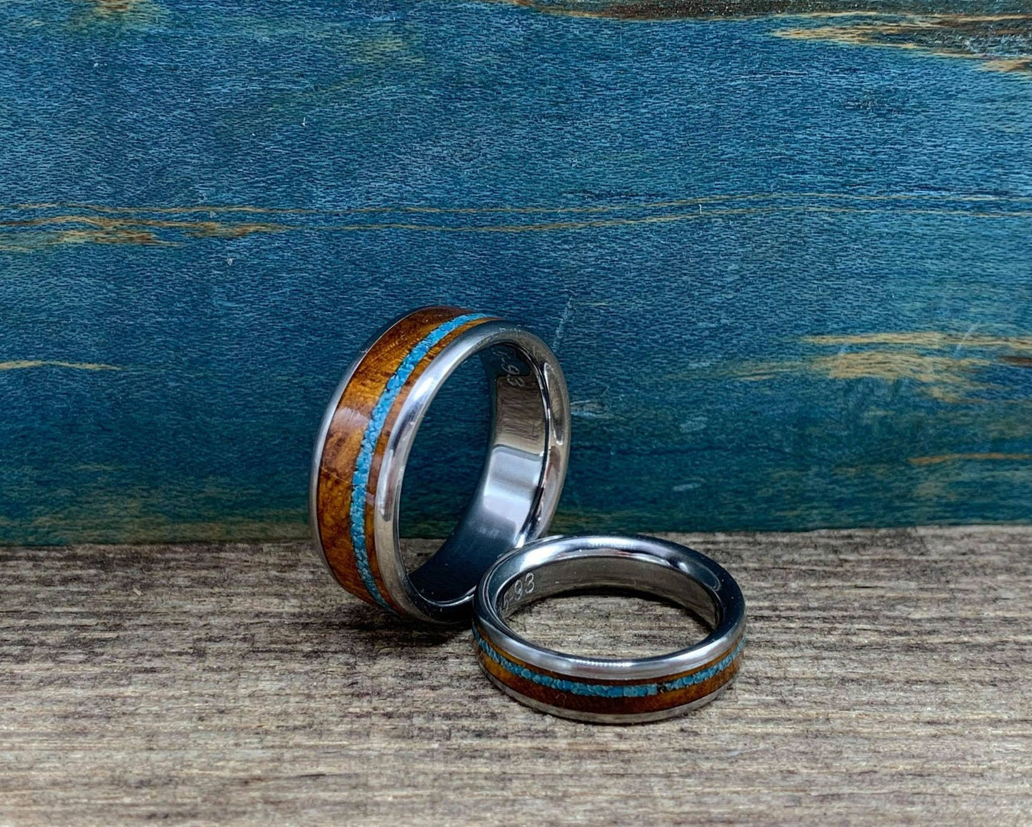 Matching Wedding Band Set - Titanium Rings with Desert Ironwood and Turquoise Inlays - His and Hers