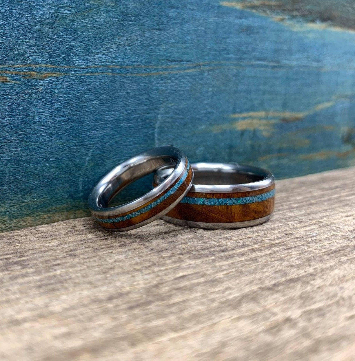 Matching Wedding Band Set - Titanium Rings with Desert Ironwood and Turquoise Inlays - His and Hers