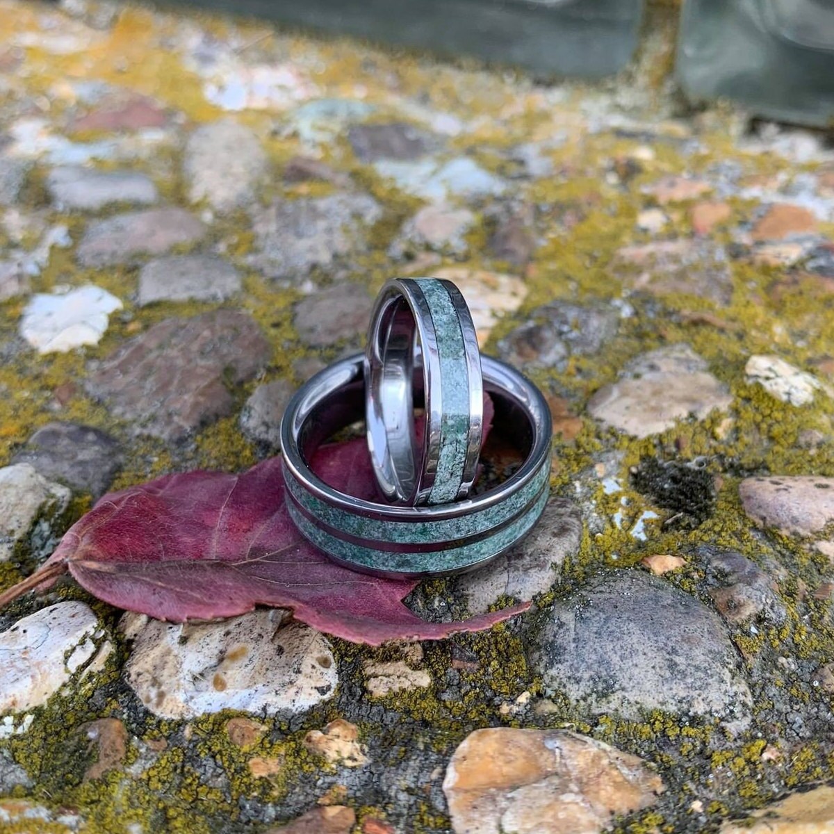 Moss Agate His and Hers Wedding Ring Set