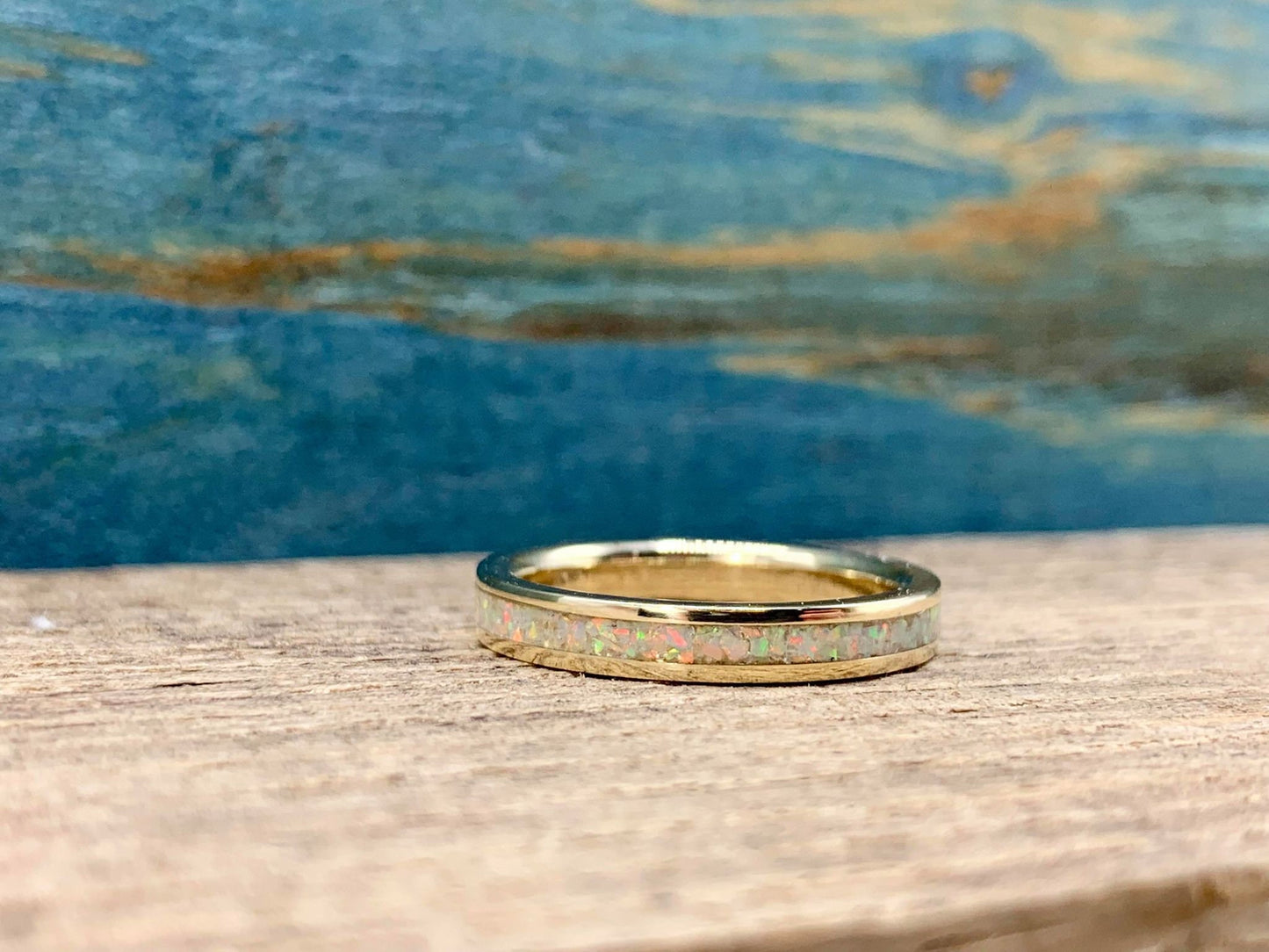 10K Gold and White Opal Engagement Band- Custom Made Ring- 3MM Yellow Gold Opal Inlay Ring - Personalized Gift for her - Robandlean