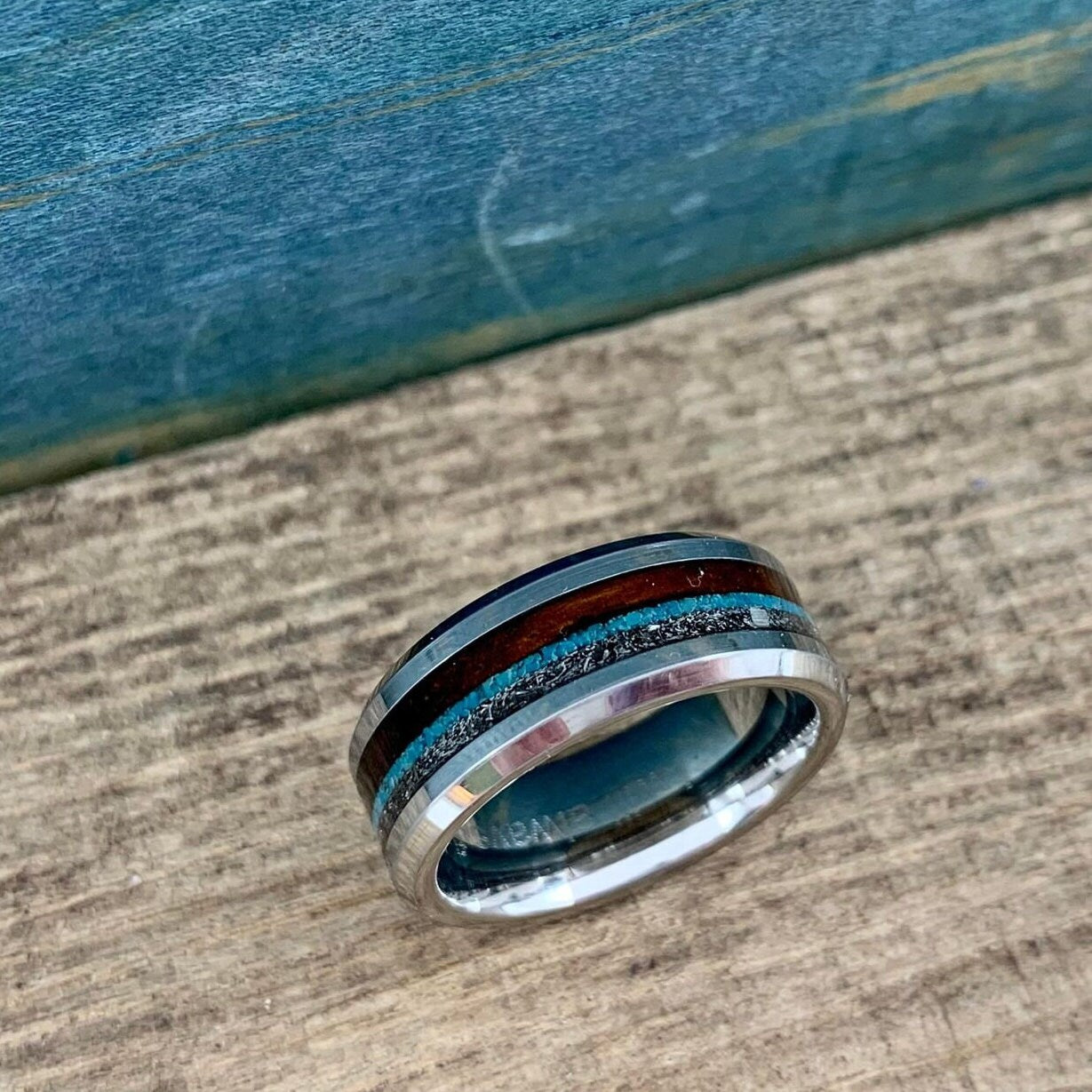 Men's Tungsten Ring with Meteorite, Turquoise and Wood Inlays - Meteorite Ring with Wood and Stone
