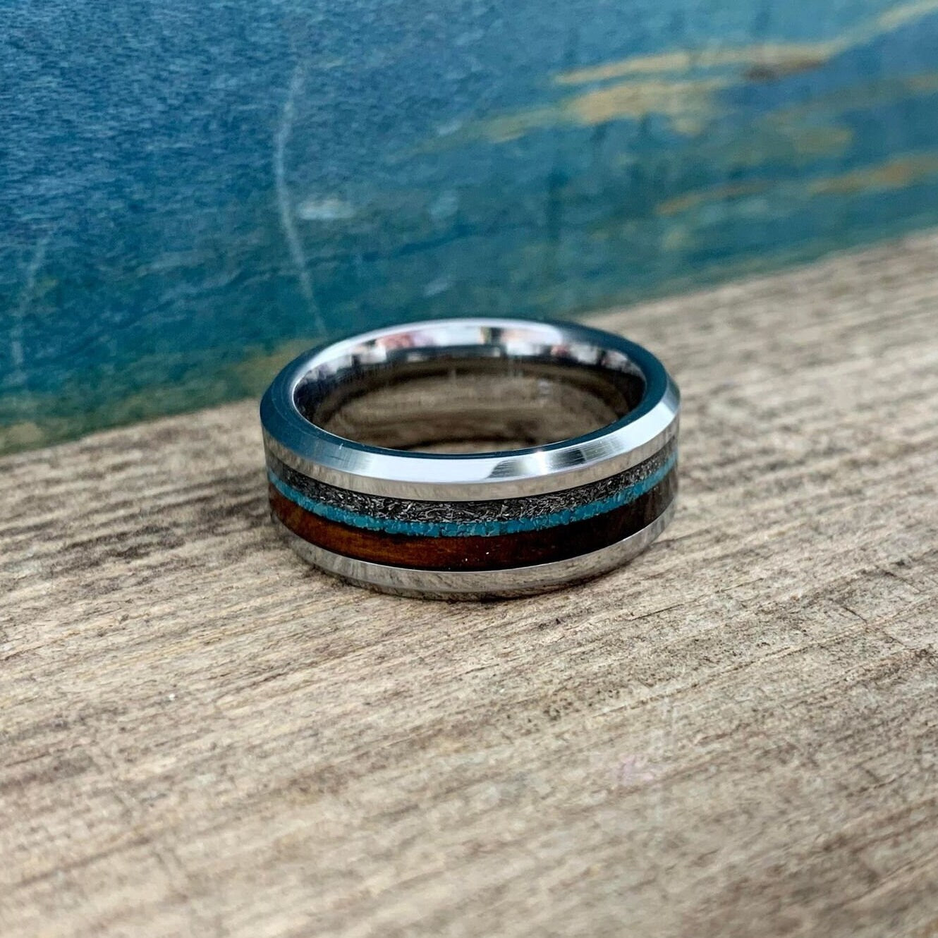 Men's Tungsten Ring with Meteorite, Turquoise and Wood Inlays - Meteorite Ring with Wood and Stone