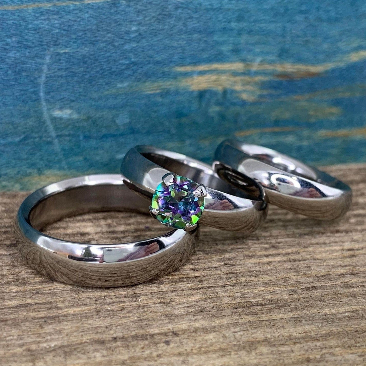 Mystic Topaz Wedding Rings Set - Matching His and Hers Couples Rings