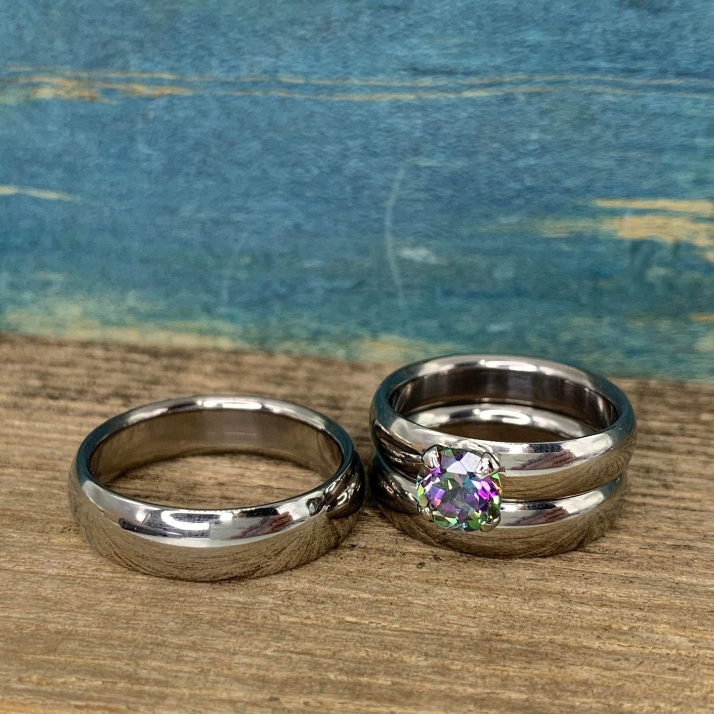 Mystic Topaz Wedding Rings Set - Matching His and Hers Couples Rings