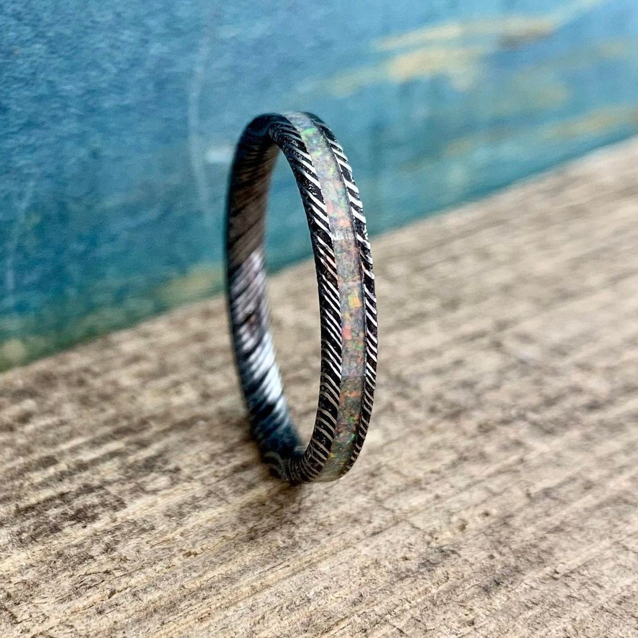 Damascus Steel and Opal Ladies Ring - Dainty Opal Wedding Band for Her - 3mm Engagement Ring