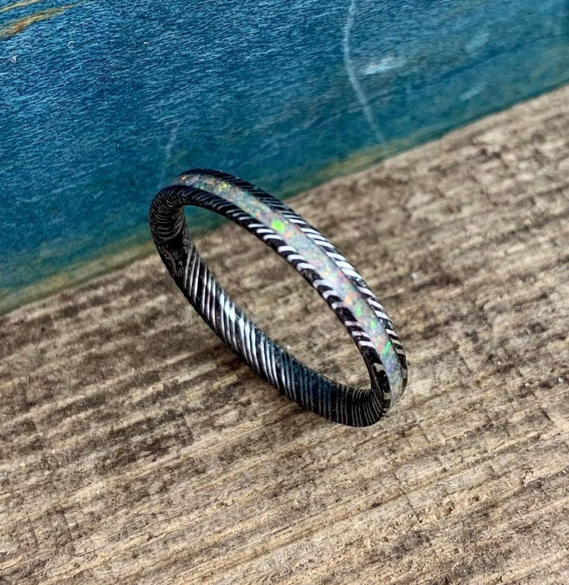 Damascus Steel and Opal Ladies Ring - Dainty Opal Wedding Band for Her - 3mm Engagement Ring