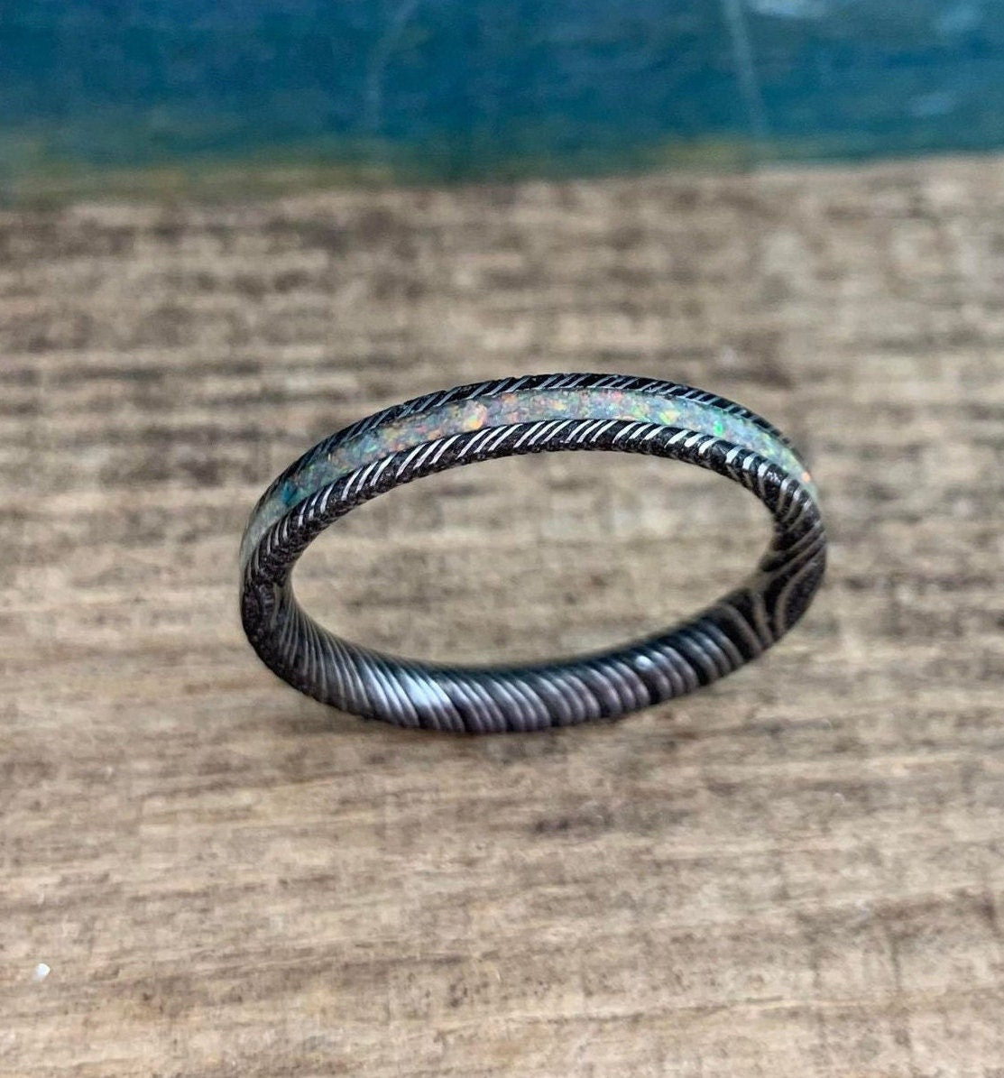 Damascus Steel and Opal Ladies Ring - Dainty Opal Wedding Band for Her - 3mm Engagement Ring