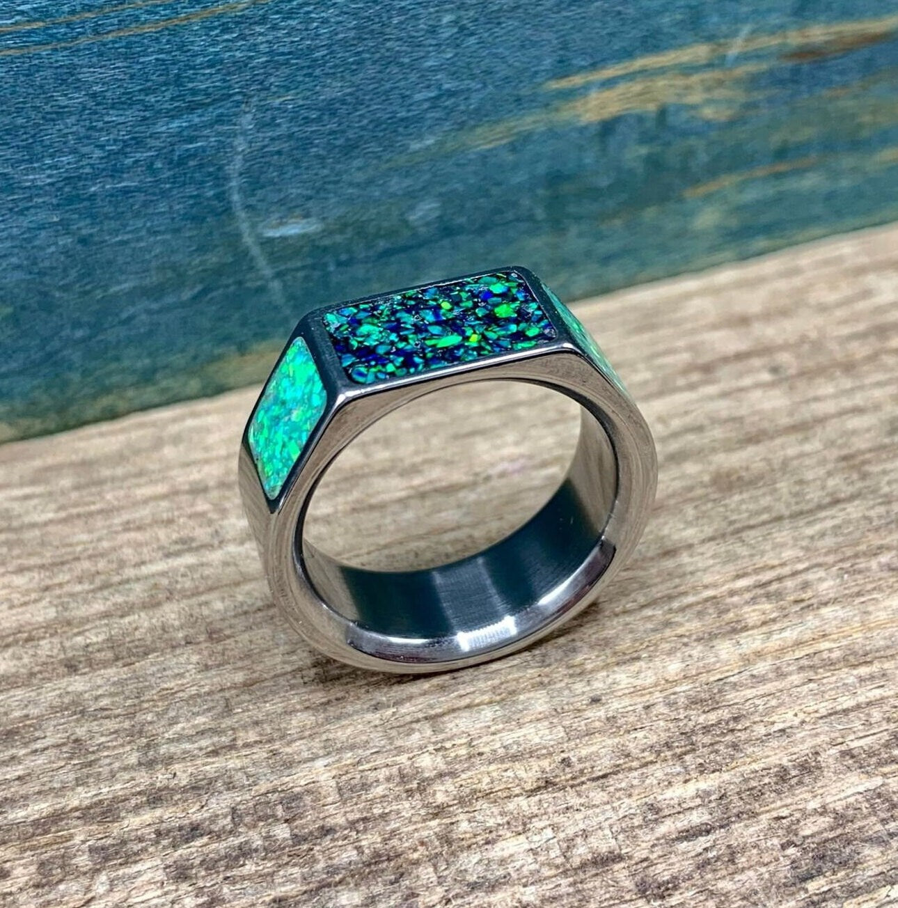 The Odhrán - Men's Titanium Ring with Green Opal - Opal Ring for Men - Green Opal Wedding Band - Men's Signet Ring