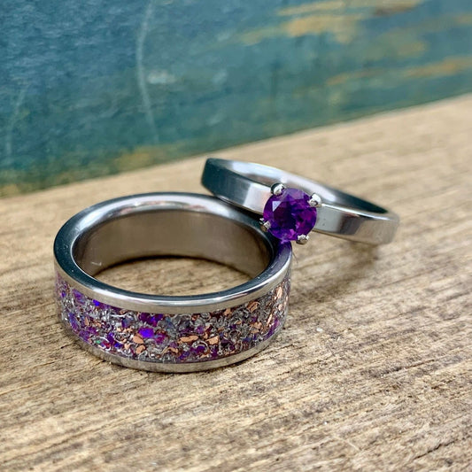 Amethyst Matching His and Hers Wedding Band Set - Meteorite and Amethyst Engagement Ring Set