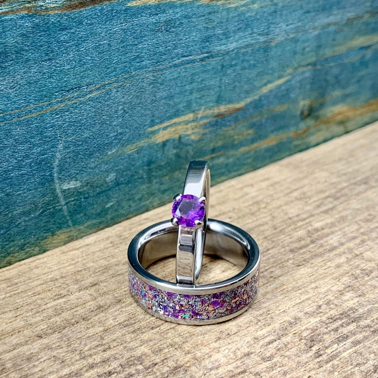 Amethyst Matching His and Hers Wedding Band Set - Meteorite and Amethyst Engagement Ring Set