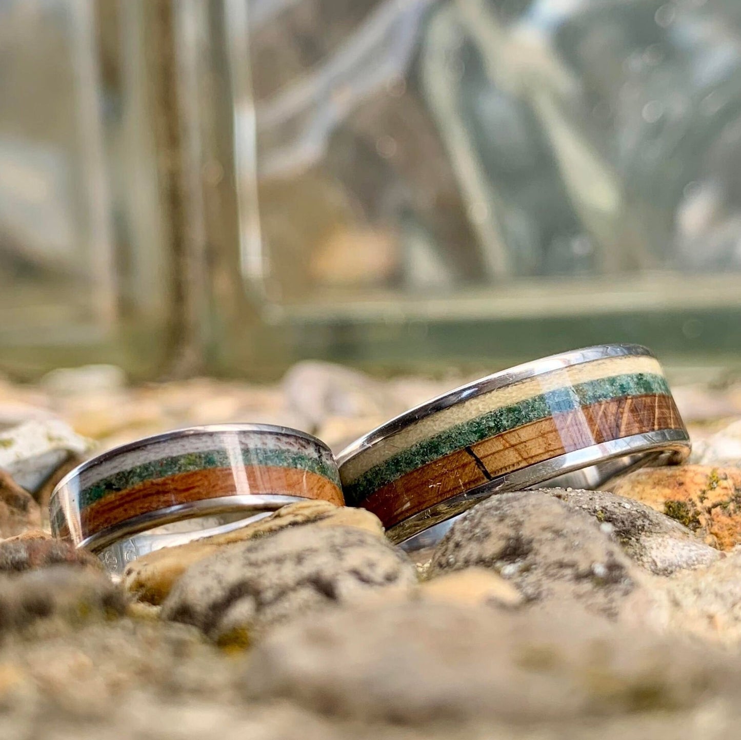 Titanium Wedding Band Set with English Oak, Moss Agate and Deer Antler