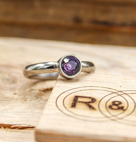 Custom Made Amethyst Bezel Set Titanium Ring