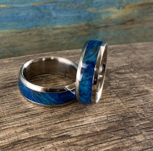 Titanium Rings with Blue Box Elder Burl Wood Inlay
