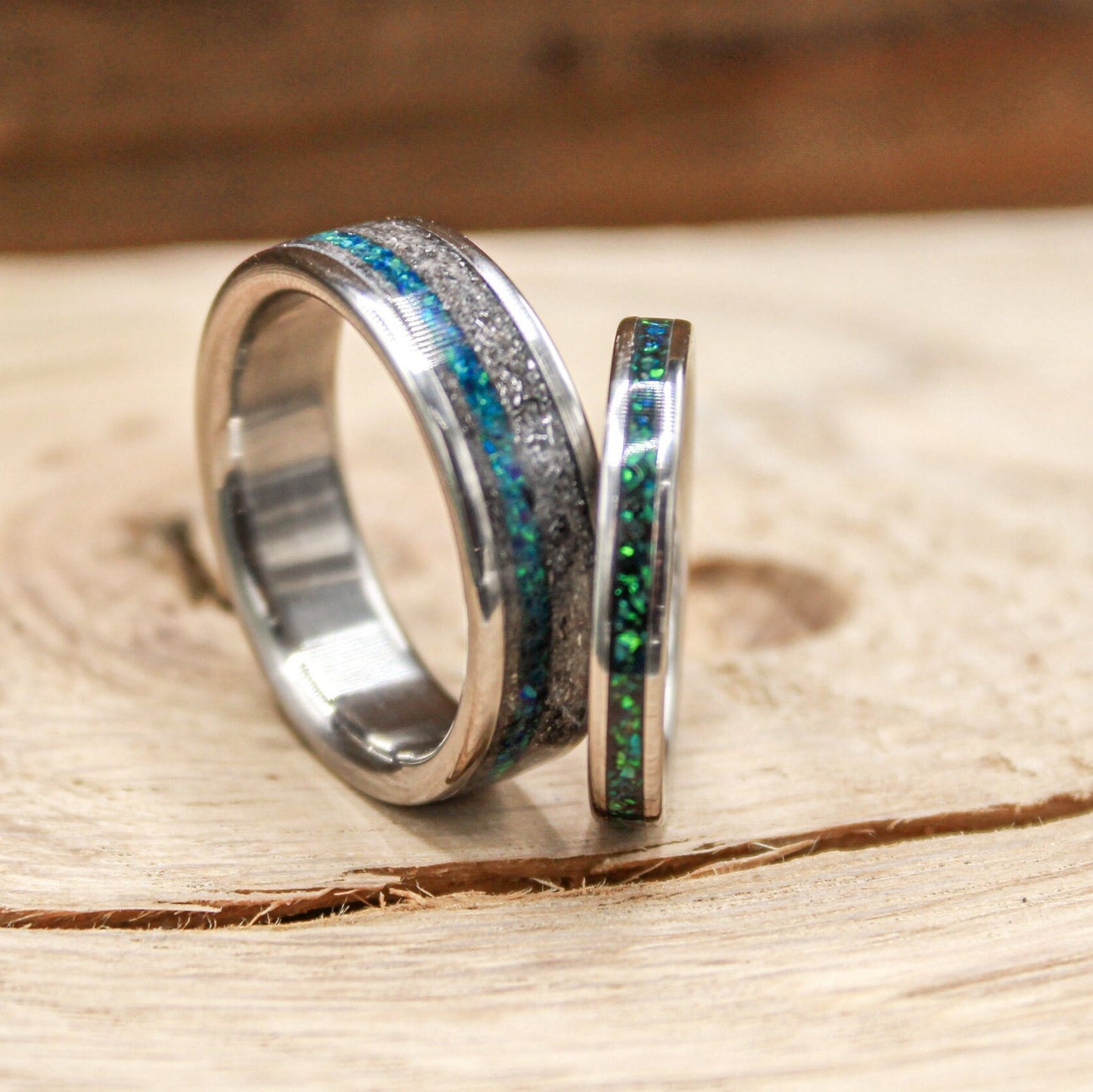 His and Hers Rings - Wedding Bands Set with Opal and Meteorite - Titanium Wedding Rings His and Hers