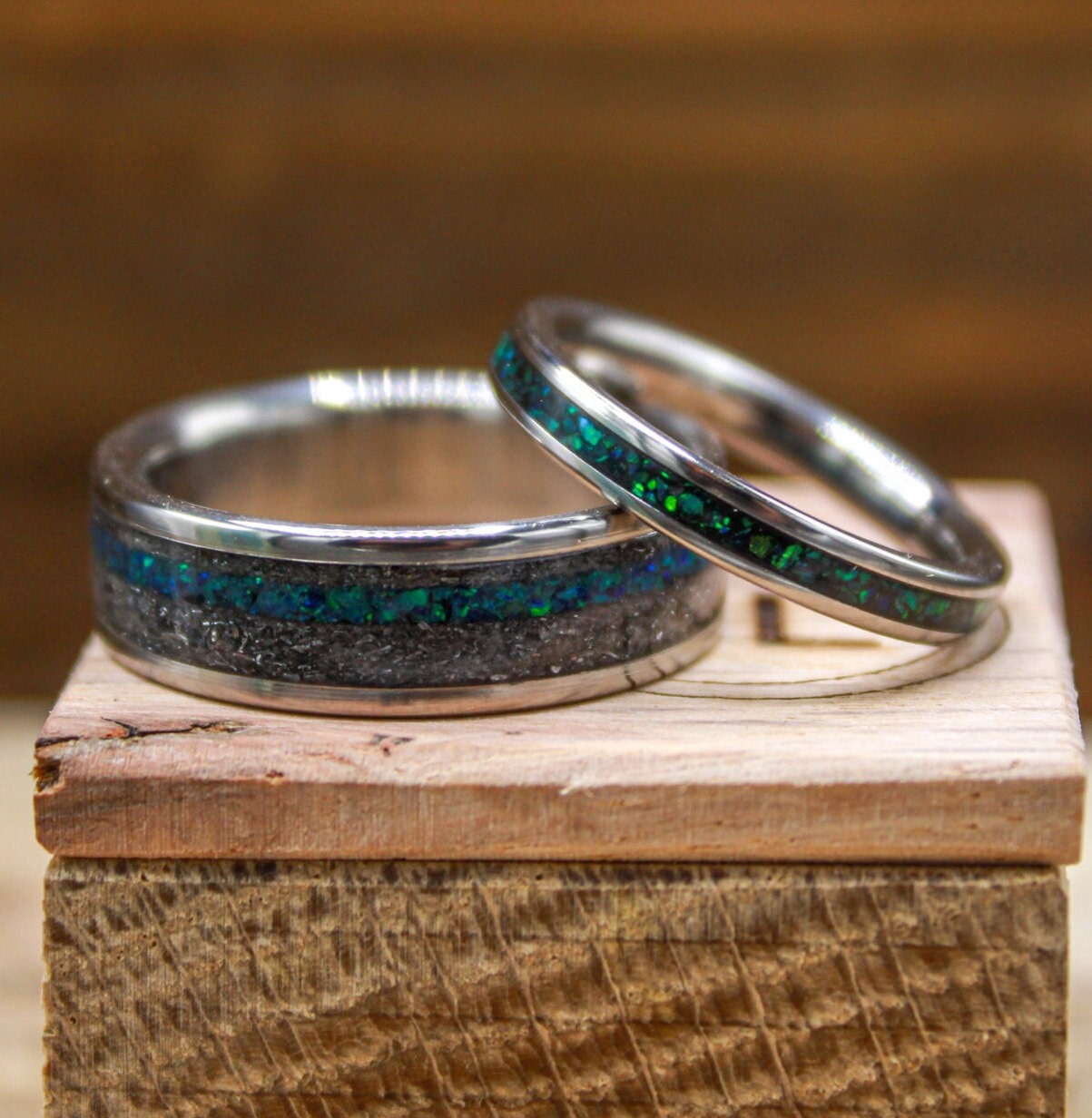 His and Hers Rings - Wedding Bands Set with Opal and Meteorite - Titanium Wedding Rings His and Hers